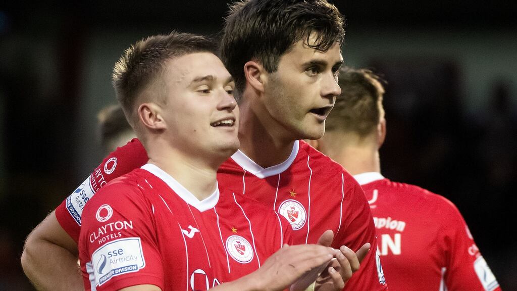 Sligo Rovers’ Seamas Keogh celebrates with Shane Blaney after the game. Photograph: Evan Logan/Inpho