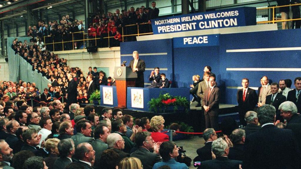 Bill Clinton visits the Mackie International factory in Belfast as US president in 1995. Photograph: Eric Luke