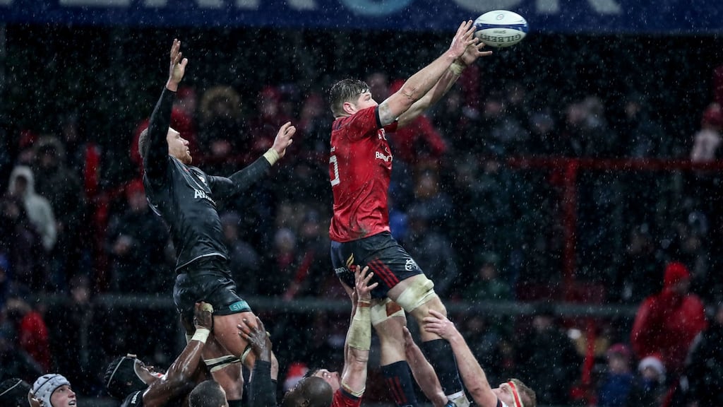 Saracens’ Nick Isiekwe and Munster’s Jack O’Donoghue compete in the line out during the Champions Cup clash last weekend. Photo: Gary Carr/Inpho