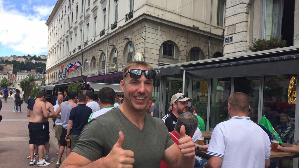 Heroic effort: retired Ireland rugby international Stephen Ferris near Place Bellecour in Lyon: “Go out and have a go, and you never know what might happen. That’s what the fans want.” Photograph: Gerry Moriarty