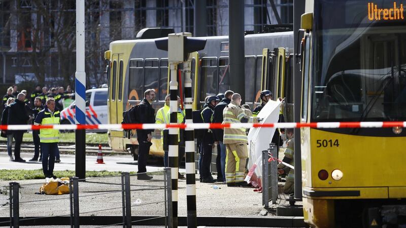 Members of the emergency service at the scene where a shooting took place at the 24 Oktoberplace in Utrecht, The Netherlands. Photograph: Robin Van Lonkhuijsen/EPA