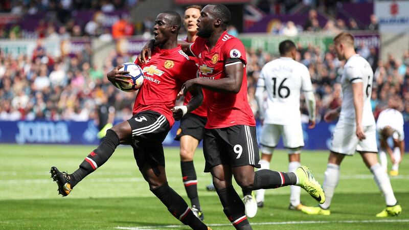 Eric Bailly celebrates scoring Manchester UNited’s opener with Romelu Lukaku. Photograph: Nick Potts/PA