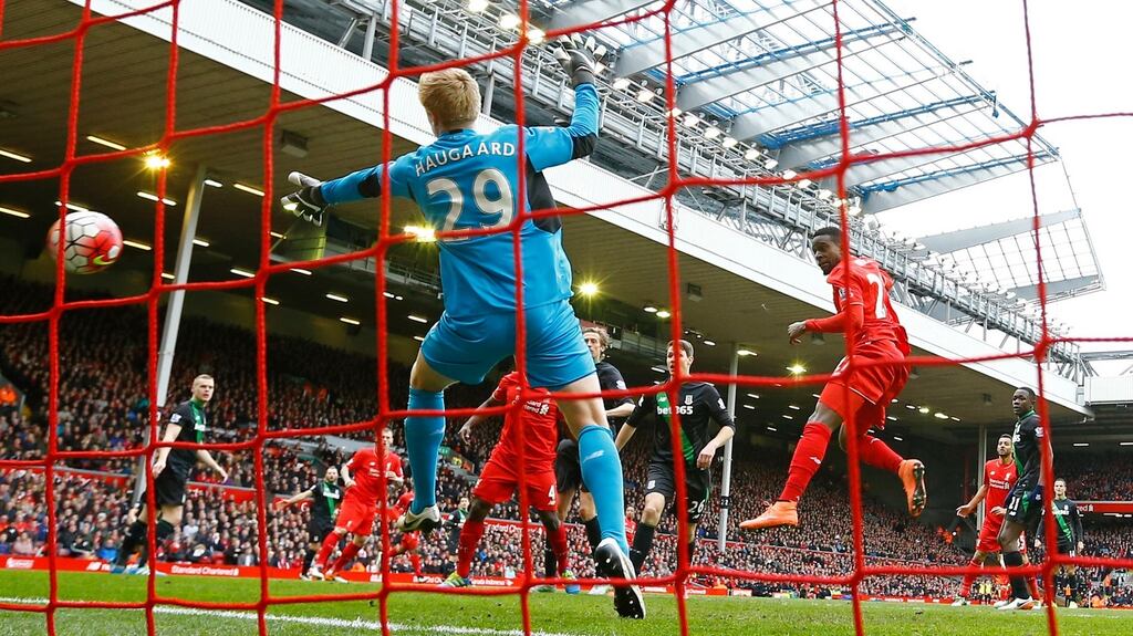 Divock Origi scored twice as Liverpool eased past Stoke at Anfield. Photograph: Reuters