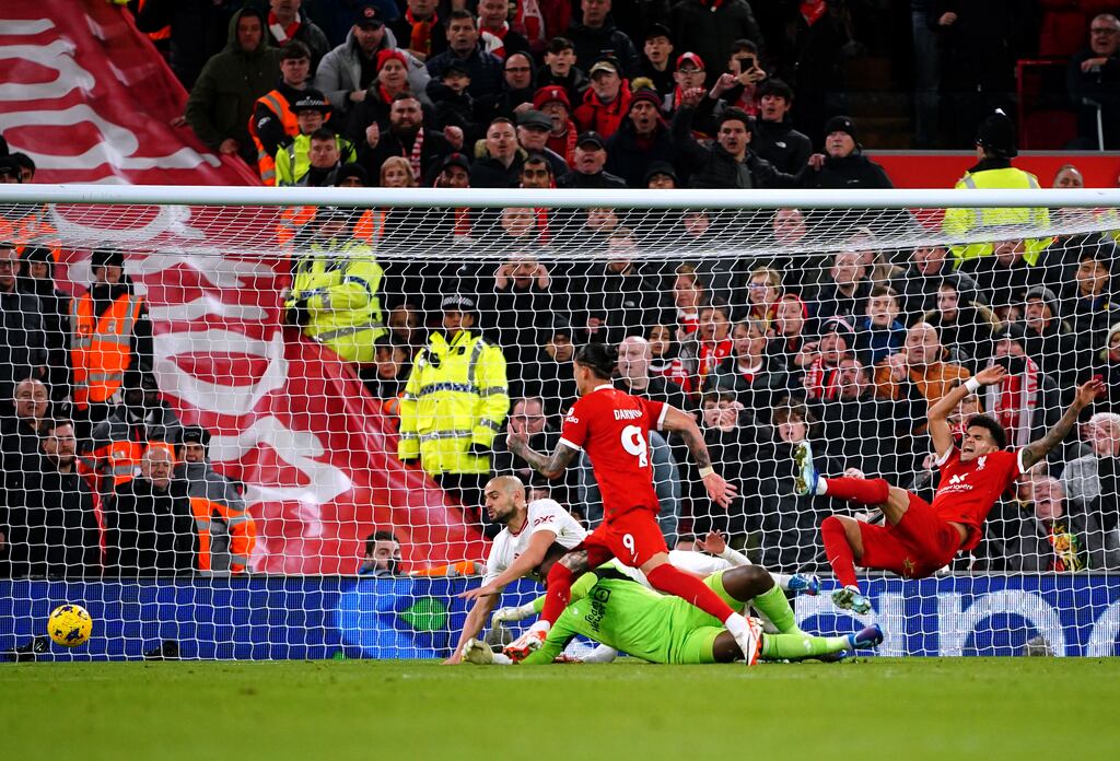 Liverpool's Luis Diaz goes down whilst battling for the ball during the Premier League match at Anfield. Photograph: Peter Byrne/PA Wire