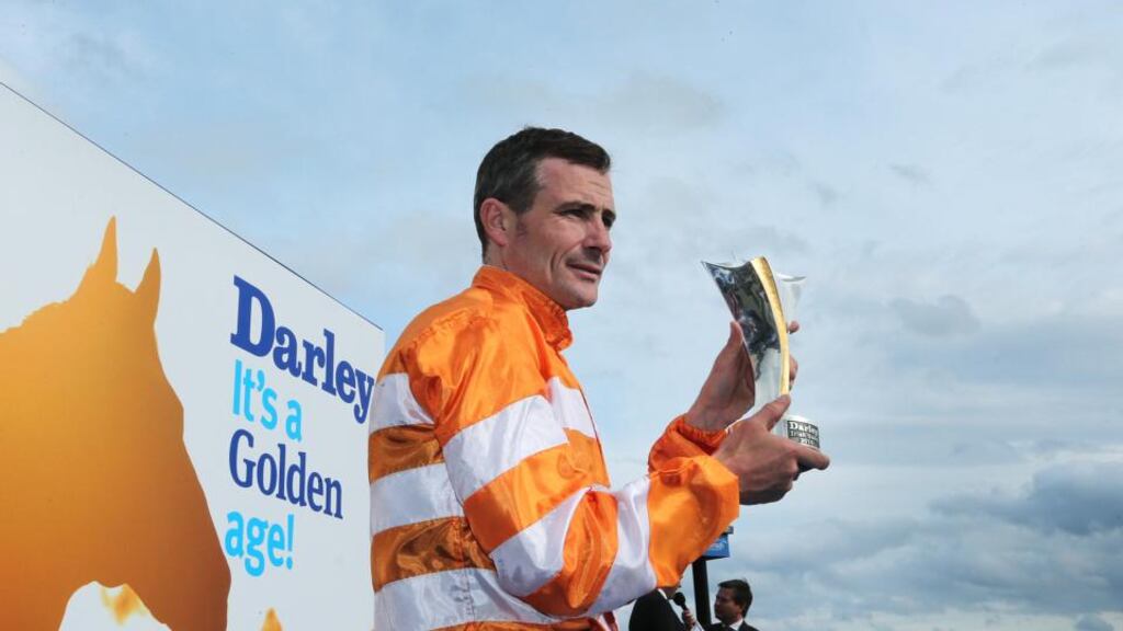 Pat Smullen celebrates winning the Darley Irish Oaks. Photograph: Lorraine O’Sullivan/Inpho