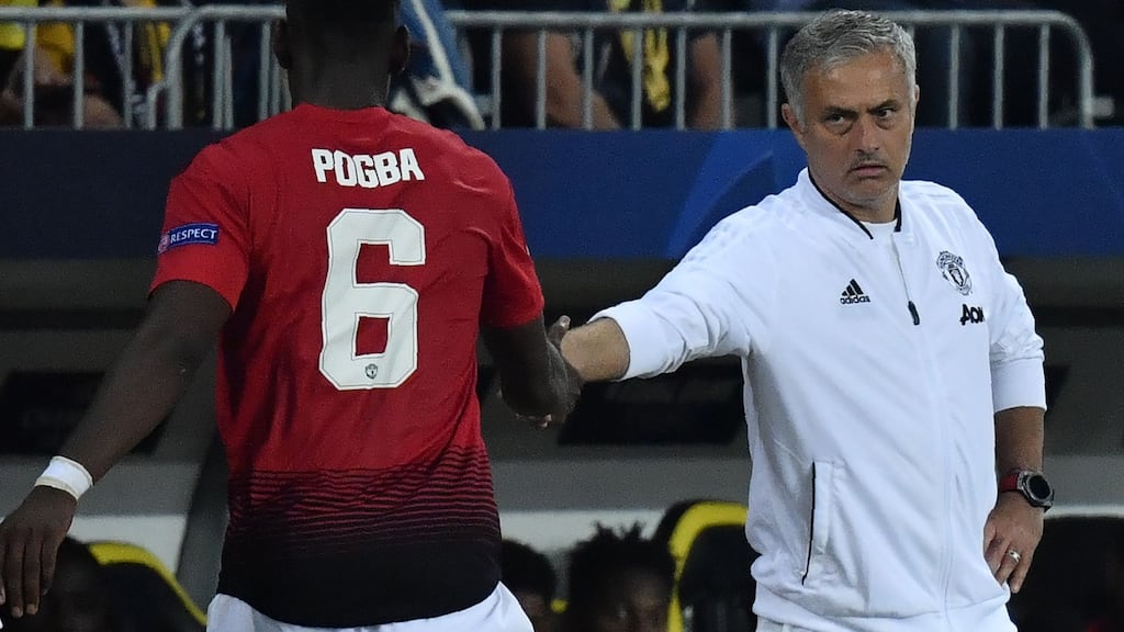 Paul Pogba shakes hands with manager José Mourinho after his substitution during the Champions League match between Young Boys and Manchester United  in Bern on September 19th. Photograph: Getty Images