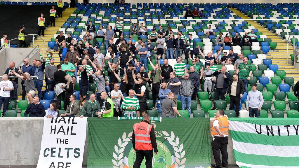 Celtic fans have been fined for their banners at Windsor Park, Belfast earlier this month. Photograph: Inpho