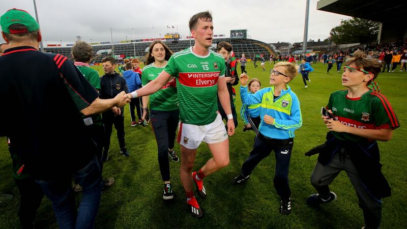 Mayo’s Cillian O’Connor celebrates his team’s win over Galway in Limerick. Photograph: Ryan Byrne/Inpho