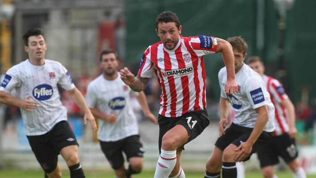 Derry’s Rory Patterson in action against Dundalk at the Brandywell last night. Photograph: Lorcan Doherty/Inpho