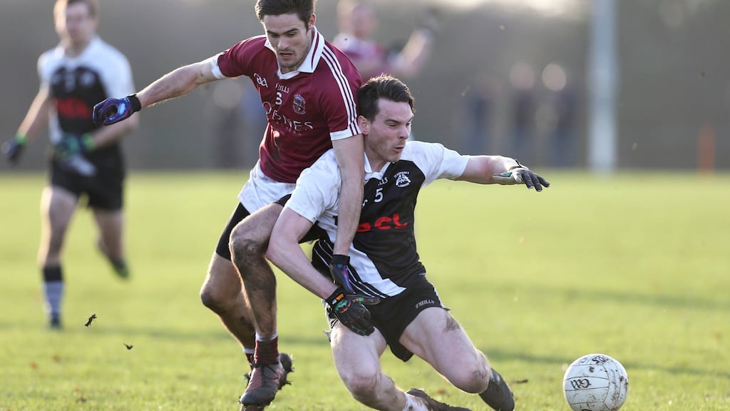 Slaughtneil’s Chrissy McKaigue competes with Patrick Begley of St Kiernan’s at The Pavillion, in Greenford, London. Photograph: Gerry McManus/Inpho