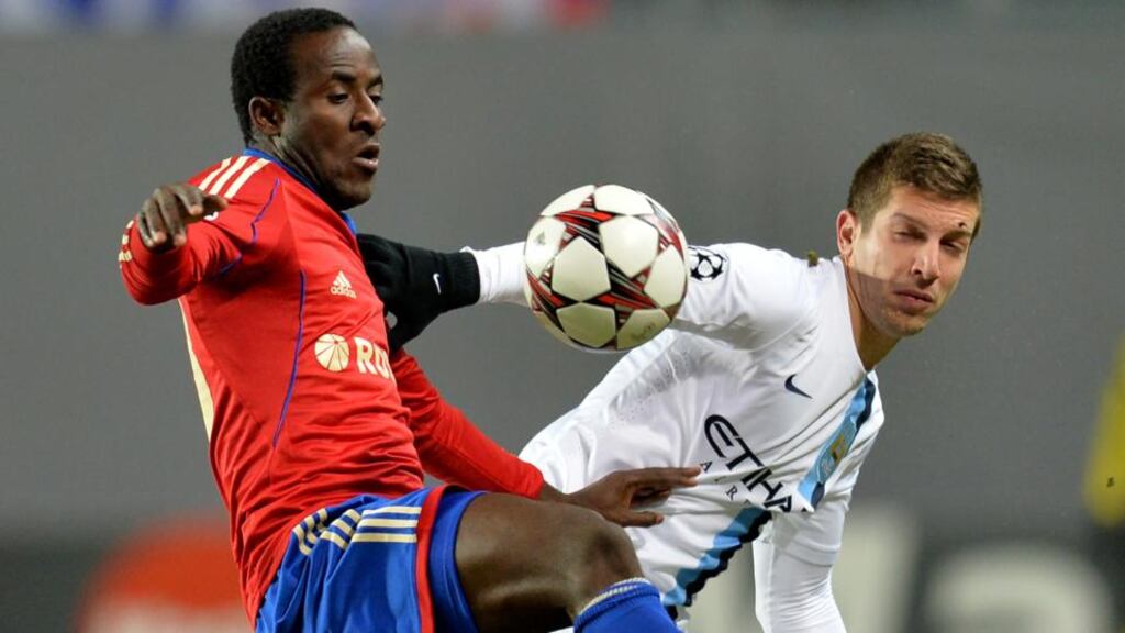 Seydou Doumbia (left) of CSKA Moscow denies talking to anyone about the alleged racist chanting directed at Yaya Touré. Photograph:   Epsilon/Getty Images