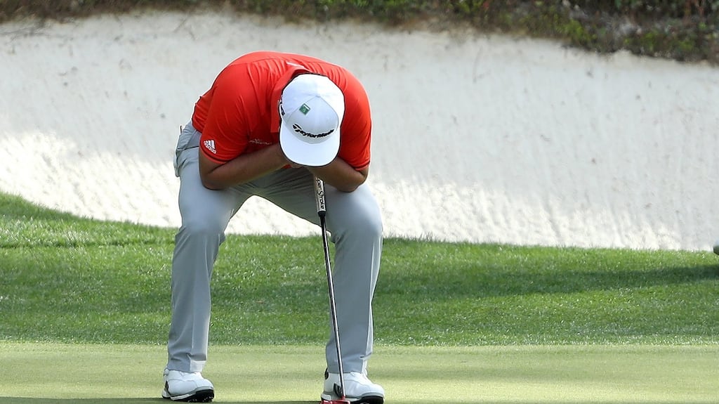Jon Rahm of Spain reacts to a missed putt during the final round of the 2018 US Masters Tournament at Augusta National Golf Club in Augusta, Georgia. Photo: David Cannon/Getty Images