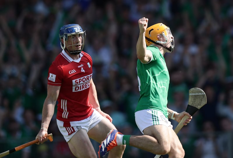 Adam English celebrates after scoring Limerick's second goal. Photograph: Tom Maher/Inpho