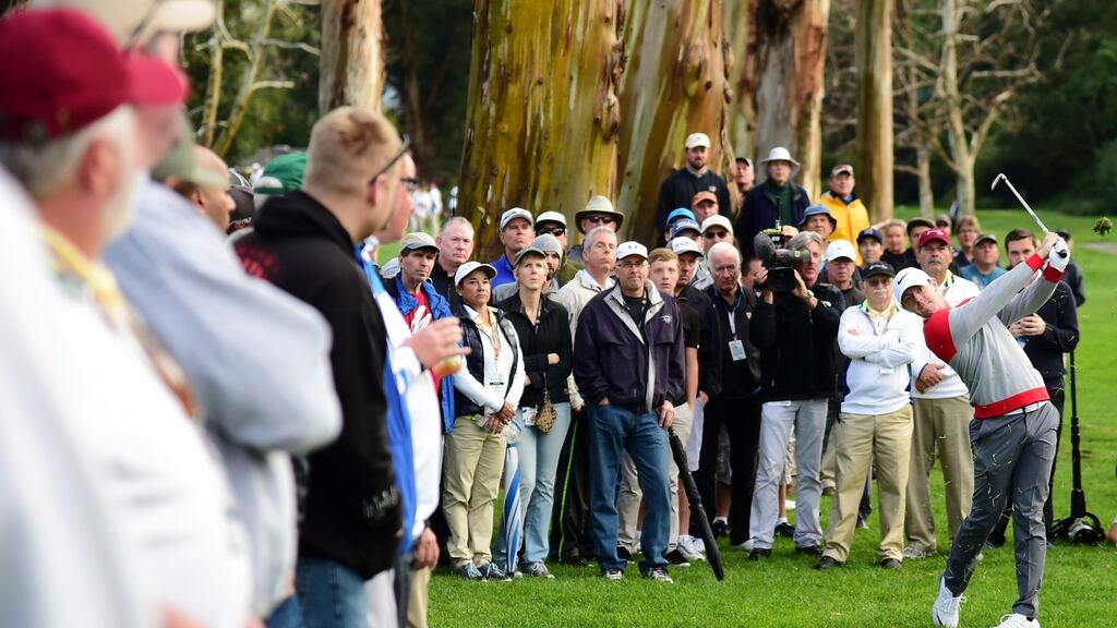 Rory McIlroy takes his second shot on the 12th hole during round one of the Northern Trust Open at Riviera Country Club in Pacific Palisades, California. Photograph: Harry How/Getty Images