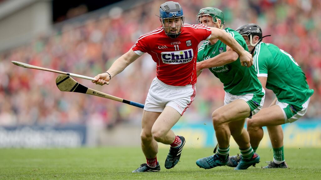 Cork’s Conor Lehane is put under pressure by Seán Finn and Darragh O’Donovan of Limerick during the All-Ireland semi-final at Croke Park. Photograph: Inpho