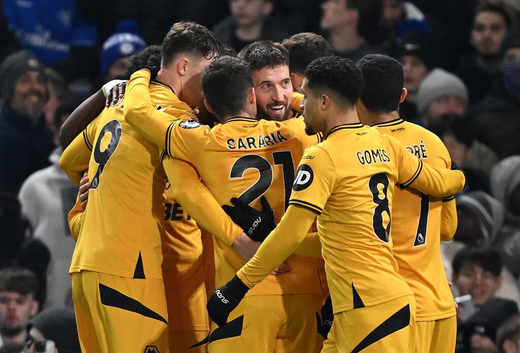 Matt Doherty of Wolverhampton Wanderers celebrates with his teammates after scoring. Photograph: Mike Hewitt/Getty