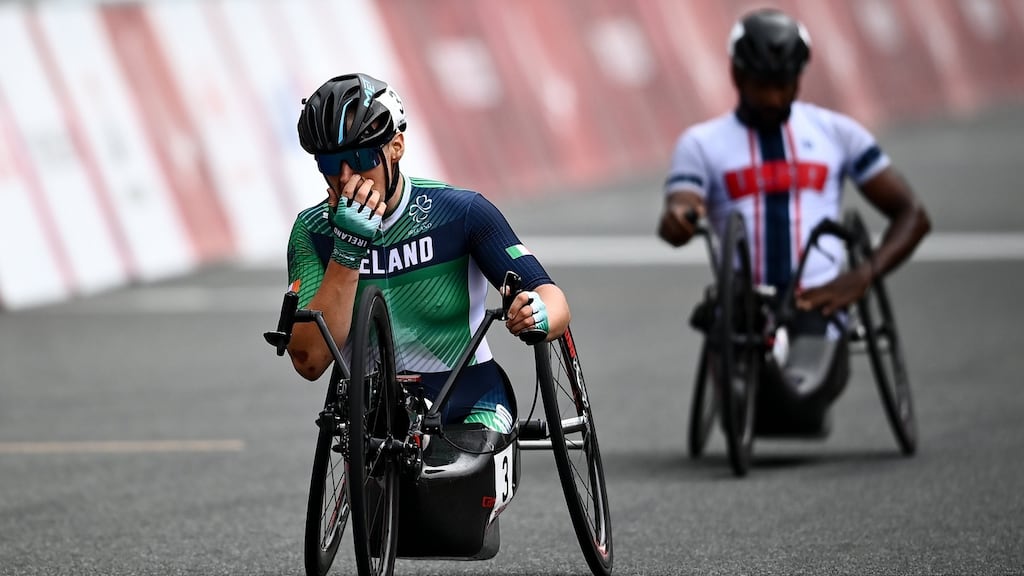 Gary O’Reilly of Ireland reacts after finishing fourth in the men’s H5 road race at the Fuji International Speedway. Photograph: David Fitzgerald/Sportsfile