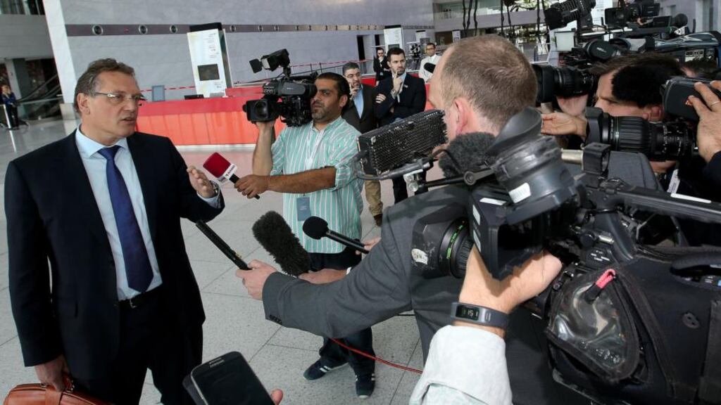 Fifa Secretary General Jerome Valcke speaks to the press as he arrives for a meeting in Doha - he says there will be no World Cup compensation paid to clubs. Photograph:Getty Images