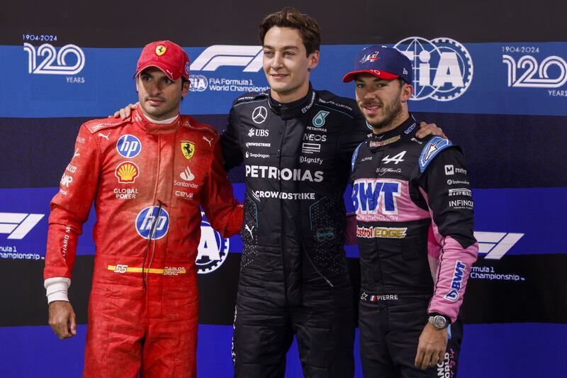 Mercedes' George Russell (centre), Ferrari's Carlos Sainz Jr (left) and Alpine's Pierre Gasly after the qualifying round for the Las Vegas Grand Prix. Photograph: Shawn Thew/Shutterstock