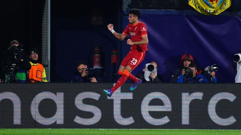 Liverpool’s Luis Diaz celebrates scoring Liverpool's second goal during the Champions League semi-final second leg against Villarreal at the Estadio de la Cerámica. Photograph: Adam Davy/PA Wire