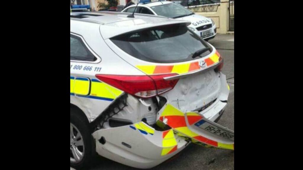 Two gardaí received minor injuries on Sunday evening after a car rammed their patrol vehicle. Photograph: An Garda Síochána/Twitter