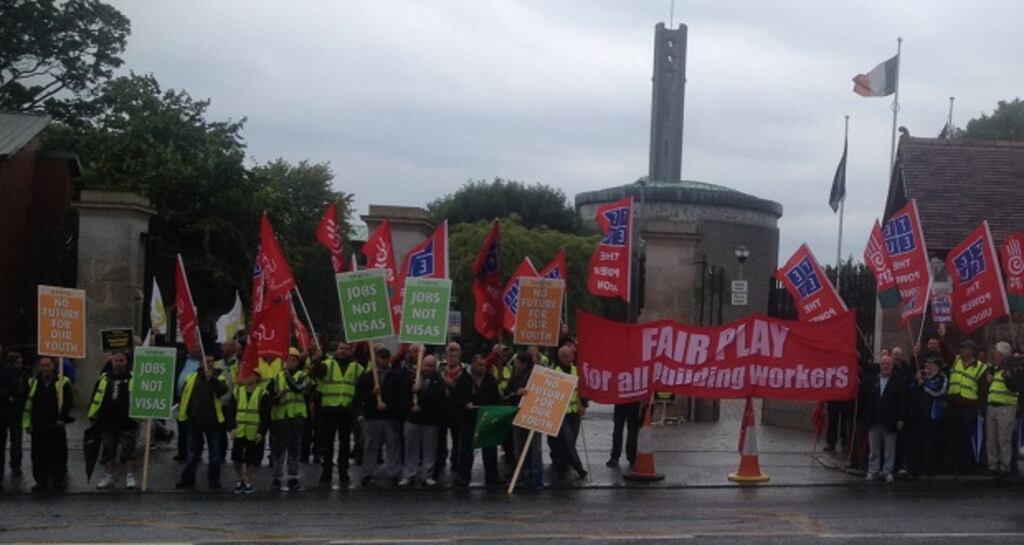 Workers protesting outside St Patrick’s College in Drumcondra, Dublin, this morning. Photograph: Construction Group of Unions