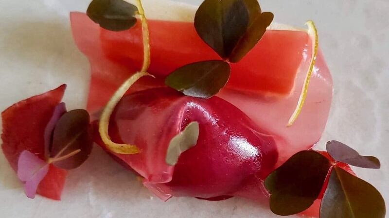 Plum, blackcurrant, mascarpone parfait, sorrel from Ox Belfast’s autumn offerings