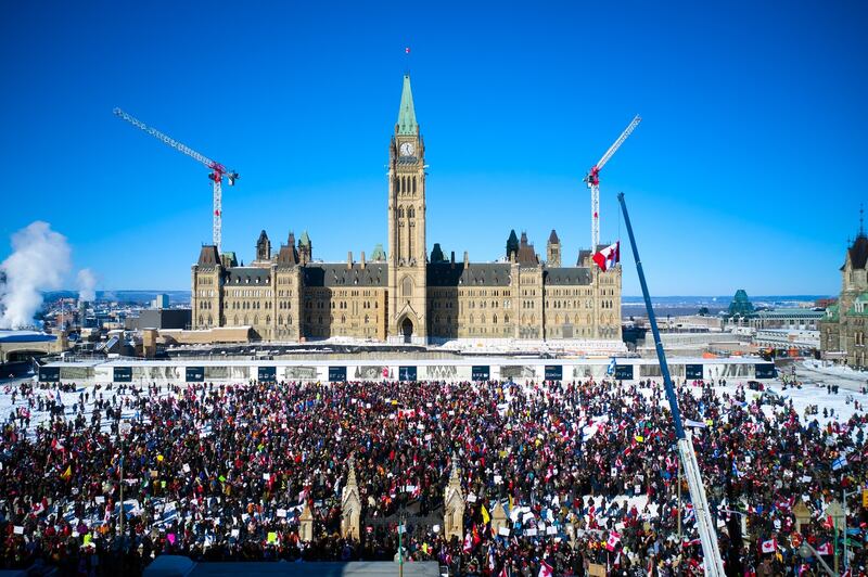 A crowd of protesters gather in front of Parliament Hill, in Ottawa, Canada, on Saturday. Photograph: Andre Pichette/EPA