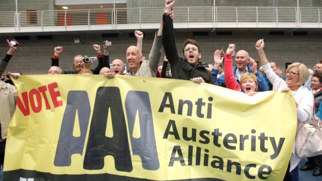 Cian Prendeville, of the Anti Austerity Alliance celebrates his election in Limerick. Photograph: Don Moloney/Press 22