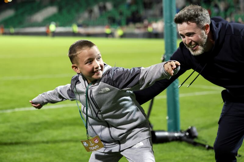 Stephen Bradley celebrates with his son Josh after Shamrock Rovers' win over Santa Clara in August. Photograph: Laszlo Geczo/Inpho