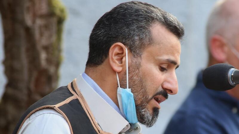 Imam Khalid of the Islamic Culture Centre in Galway led prayers at the service at NUI Galway. Photograph: Joe O’Shaughnessy