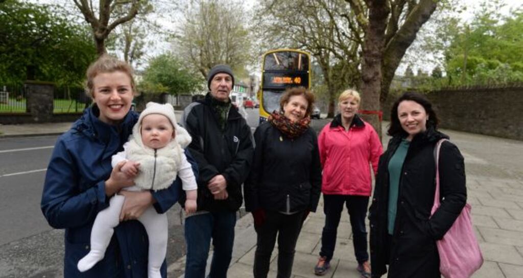Inchicore residents (from left) Lauren Tuite, baby Margot, Gerard Greene, Annie Dibble, Christine Kavanagh and Elizabeth Burns on Grattan Crescent. They are among a number of local objectors to the felling of trees on the road. Photograph: Dara Mac Donaill