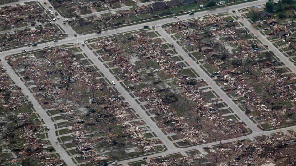 An aerial view of damage in Moore, Oklahoma in the aftermath of a tornado which ravaged the suburb of Oklahoma City. At least 24 people died in the area. Photograph: Rick Wilking/Reuters
