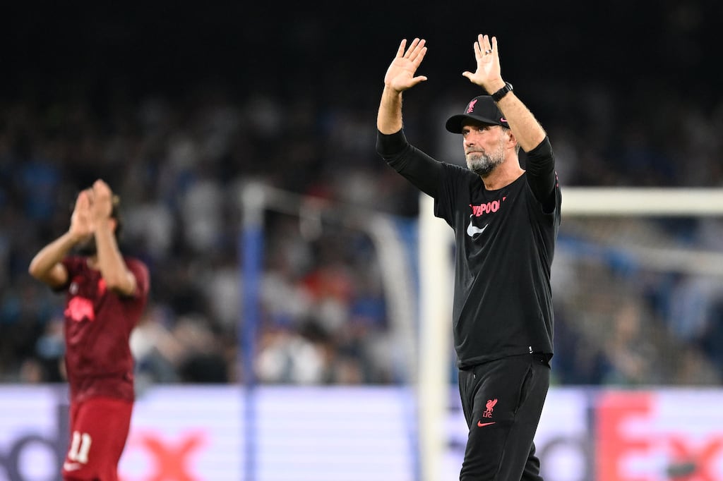 Jürgen Klopp acknowledges the Liverpool travelling support after the defeat to Napoli in the Champions League group match at Stadio Diego Armando Maradona. Photograph: Francesco Pecoraro/Getty Images