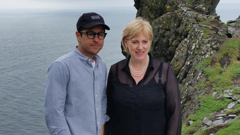 Star Wars: JJ Abrams, director of The Force Awakens, with Minister for Arts and Heritage Heather Humphreys on Skellig Michael in 2014