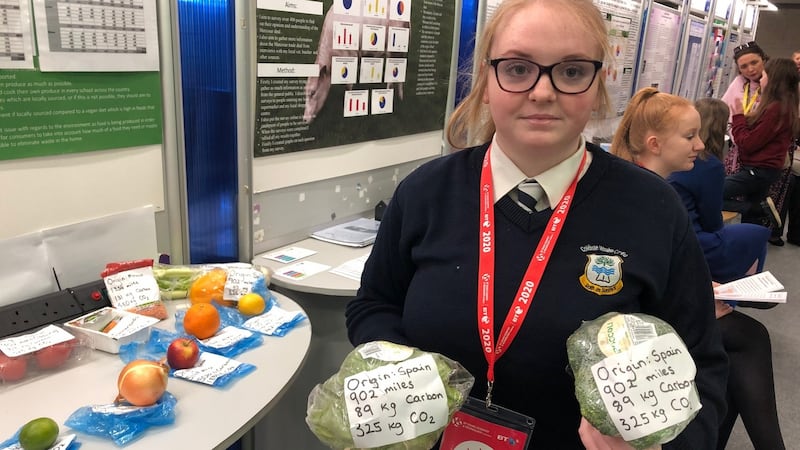 Kaitlyn Ryan from Coláiste Mhuire Co-Ed in Thurles, Co Tipperary, compared vegan and omnivore diets in the Irish context and factored in carbon miles. Photograph: Kevin O’Sullivan