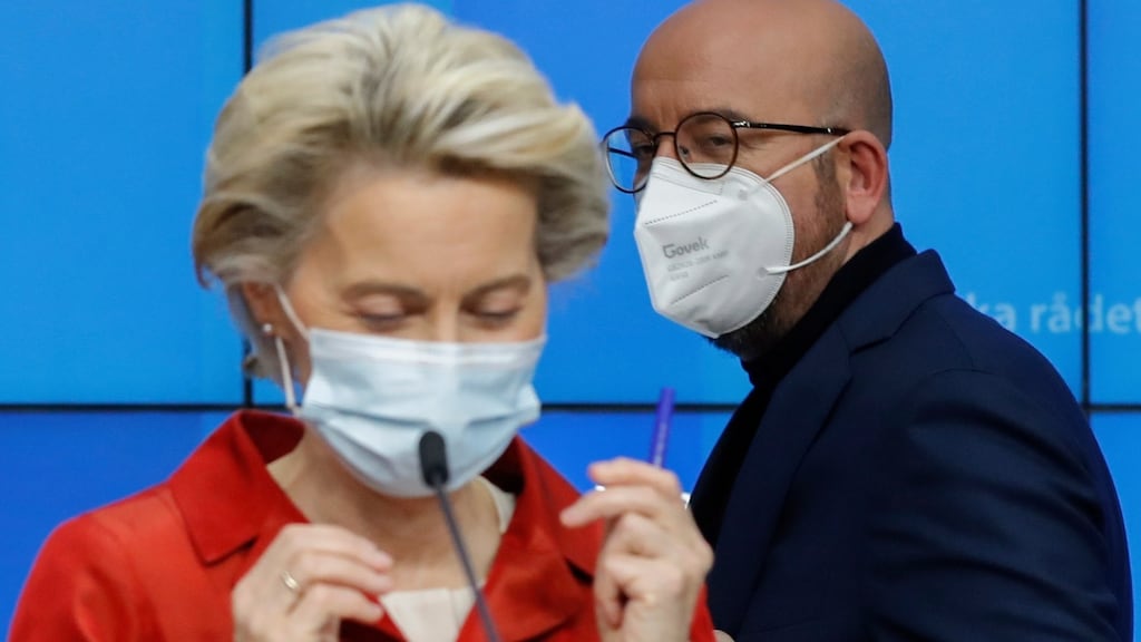 European Commission president Ursula Von Der Leyen and European Council president Charles Michel giving a press briefing after a virtual European Council meeting on Thursday. Photograph: Olivier Hoslet/EPA