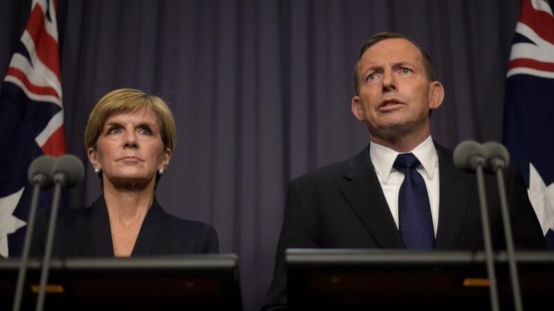 Australian prime minister Tony Abbott (right) and Australian foreign minister Julie Bishop speak to the media during a press conference at Parliament House in Canberra, Australia, following the execution of Andrew Chan and Myuran Sukumaran. Photograph: Lukas Coch/EPA