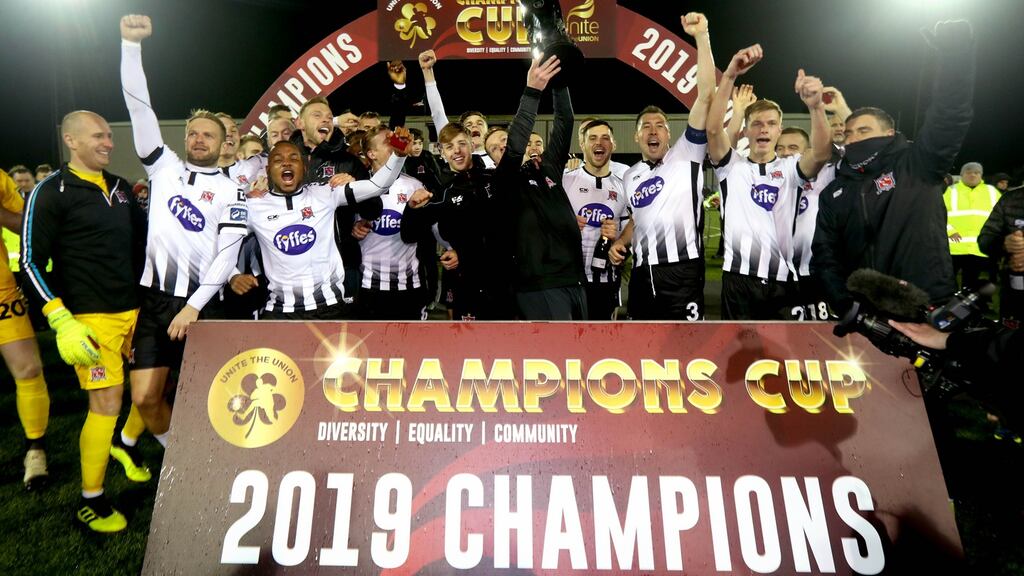 Dundalk celebrate with The Unite the Union Champions Cup after their victgory over Linfield at Oriel Park. Photograph: Ryan Byrne/Inpho