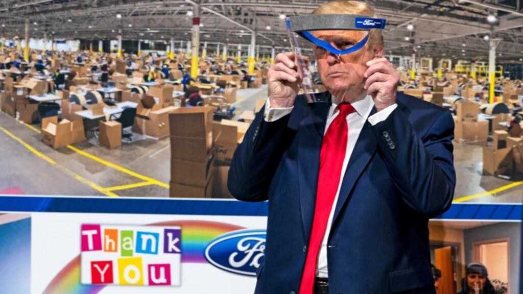 US president Donald Trump displays a face shield made at Ford’s Rawsonville Plant in Ypsilanti, Michigan on May 21st. Photograph: Doug Mills/The New York Times