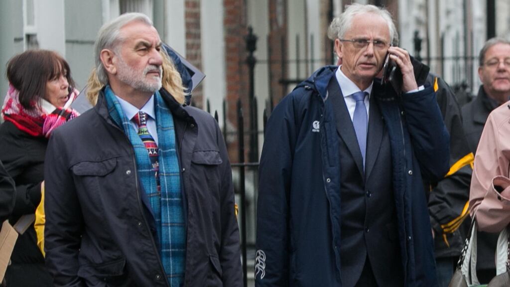 Chair of Sport Ireland Kieran Mulvey and Sport Ireland chief executive John Treacy arrive for a meeting of the Oireachtas Joint Committee on Transport, Tourism and Sport at Leinster House on Tuesday. Photograph: Gareth Chaney Collins