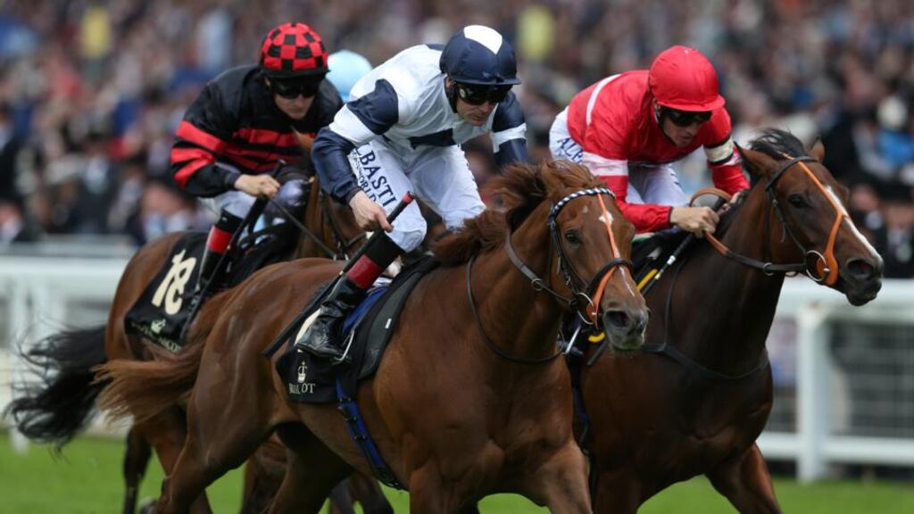 ASCOT, ENGLAND - JUNE 18: Anthem Alexander ridden by Pat Smullen breaks away to win the Queen Mary Stakes on day two of Royal Ascot at Ascot Racecourse on June 18, 2014 in Ascot, England. (Photo by Steve Bardens/Getty Images)