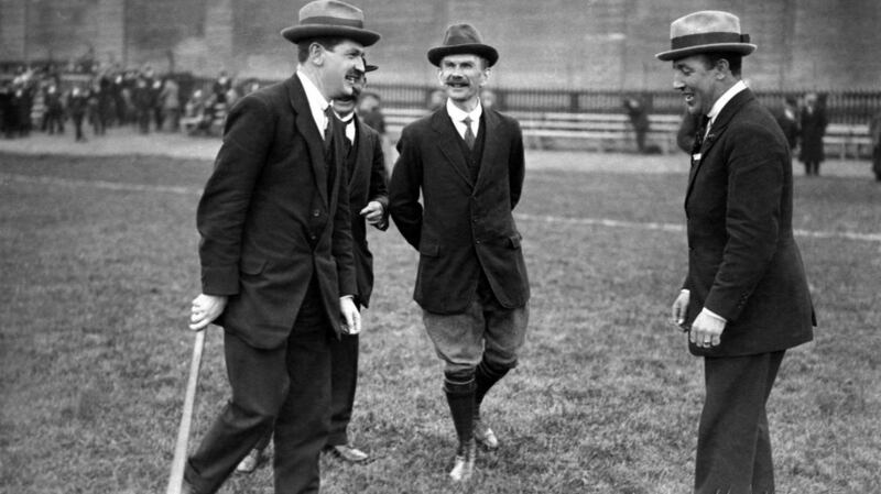 Michael Collins, GAA general secretary Luke O’Toole and Harry Boland at Croke Park for the 1921 Leinster hurling final. Photograph: The GAA & Revolution in Ireland 1913-1923.