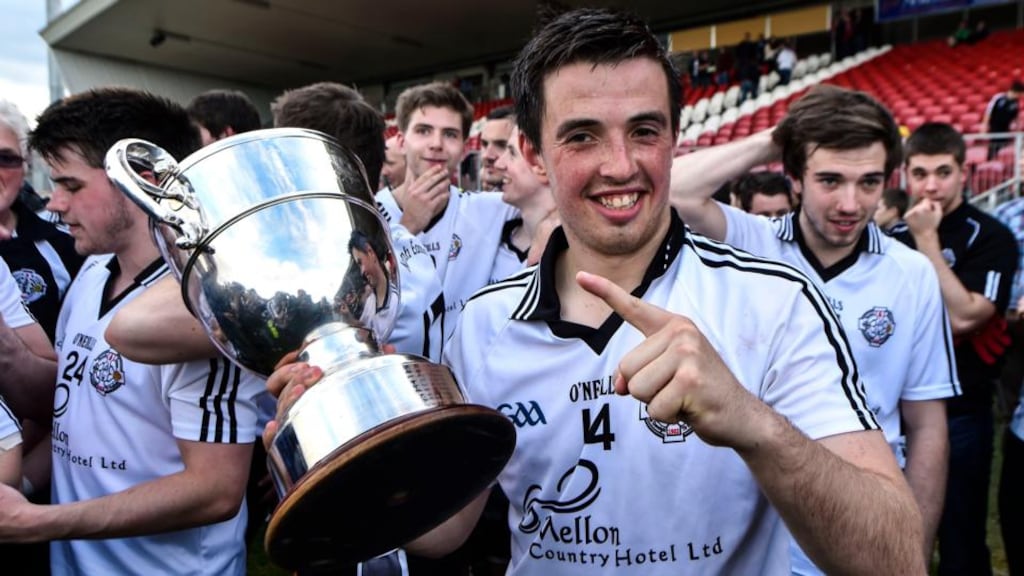 Omagh St.Endas’ match-winner Ronan O’Neill celebrates at Healy Park. Photograph: Russell Pritchard / Inpho / Presseye