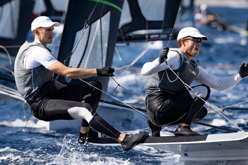 Ireland’s Rob Dickson (Howth Yacht Club) and Seán Waddilove (Skerries Sailing Club) competing in the qualification round of the 49er World Championships in Sardinia, Italy. Photograph: David Branigan/Oceansport