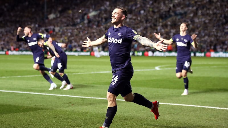 Jack Marriott celebrates scoring Derby’s winner against Leeds. Photograph: Nick Potts/PA