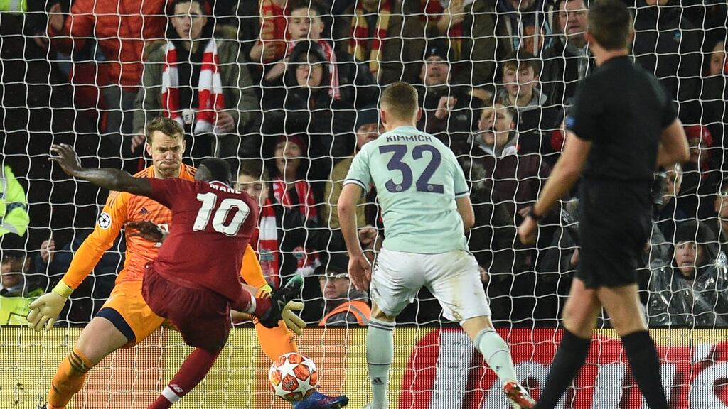 Liverpool’s Sadio Mane misses a first half goal chance against Bayern Munich. Photograph: Getty Images