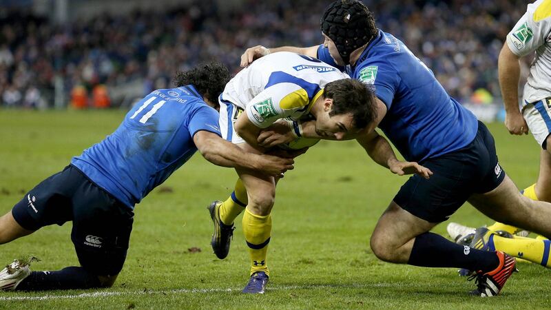 Clermont’s Morgan Parra tries to break past Isa Nacewa and Mike Ross of Leinster during the 2012 semi-final at Stade Chaban Delmas. Photograph: Billy Stickland/Inpho
