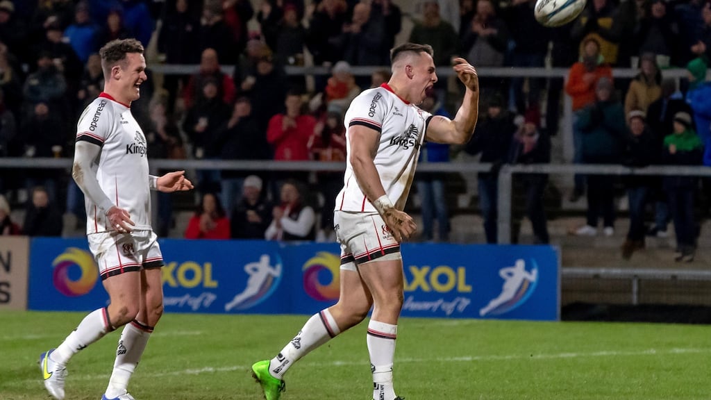 James Hume celebrates scoring one of Ulster’s tries. Photograph: Morgan Treacy/Inpho