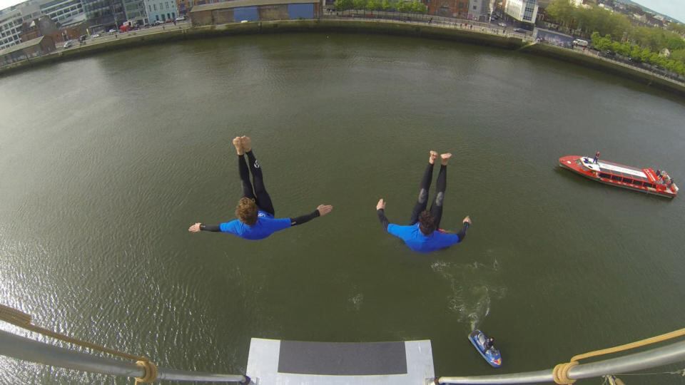 Blake Aldridge and Gary Hunt take off from the Jeanie Johnston rigging. Photograph: Niall Carson/PA Wire